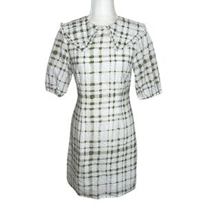 lena Mini Dress Ruffle Collar Short Puff Sleeve Preppy Plaid Green White Small S